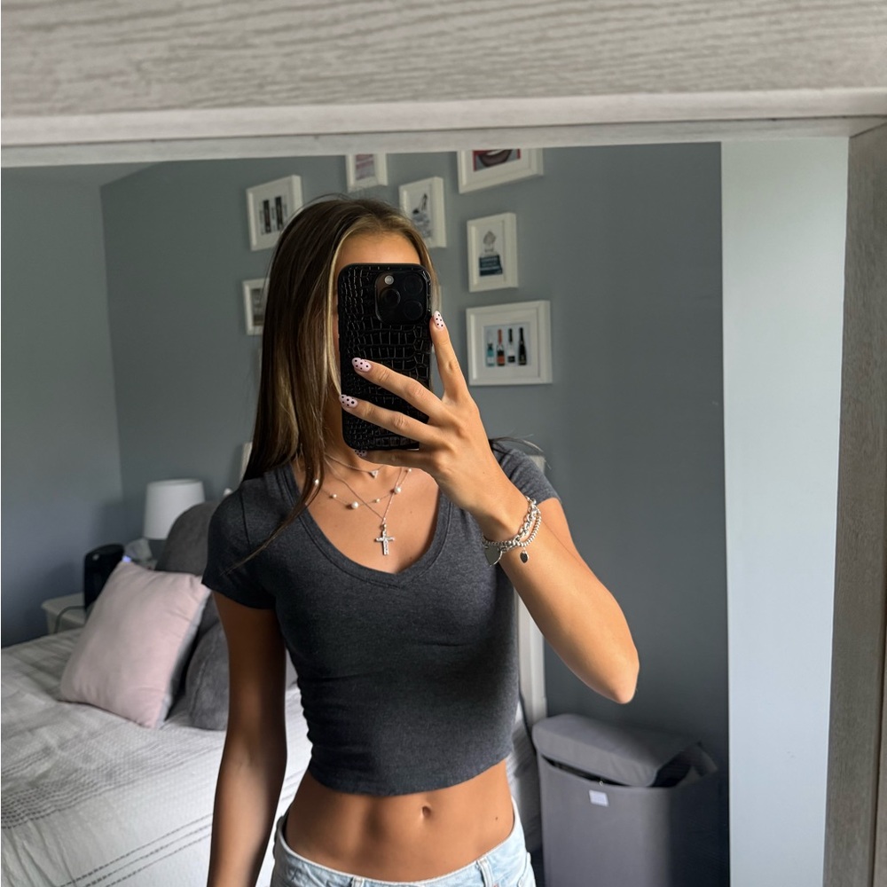 Gray V-Neck Women's Top